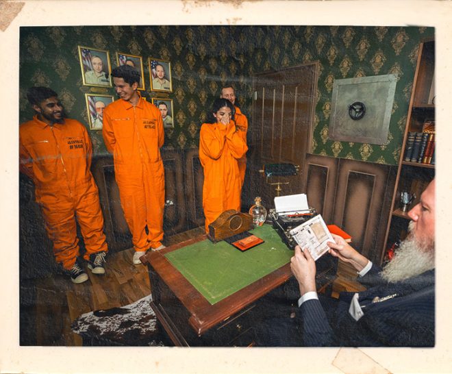 Birthday celebration in Warden's Office at Alcotraz - prison-themed immersive cocktail bar.