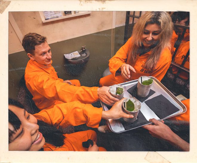 Corporate team building at Alcotraz - prison-themed immersive cocktail bar ideal for work nights out and group activities.