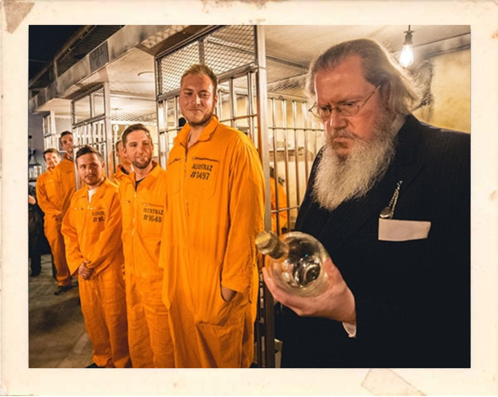 The Warden character at Alcotraz - key performer in this immersive prison-themed cocktail bar experience for interactive entertainment